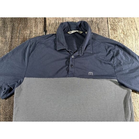 Travis Mathew Blocked Striped Polo Shirt Mens Lg Blue Gray Cotton Polyester - Picture 2 of 11